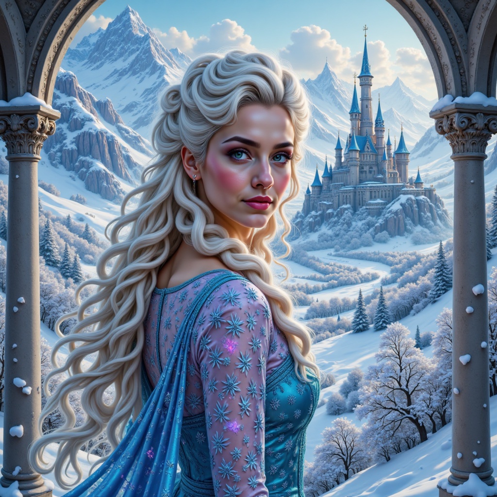 Kate Kelly as Lisa of Frozen,  white-blonde long hair,  a breathtaking view to a winter Valley with a high Castle as backg...