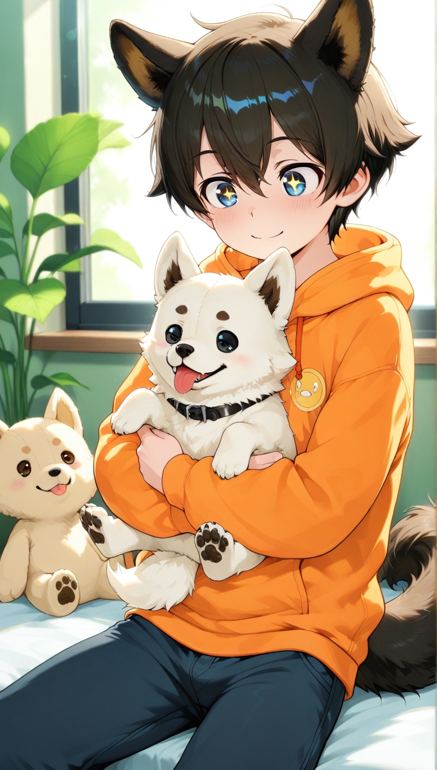 ((1boy)) The image features a warm,  inviting scene in a cozy indoor setting. A young anthropomorphic dog with soft,  tous...