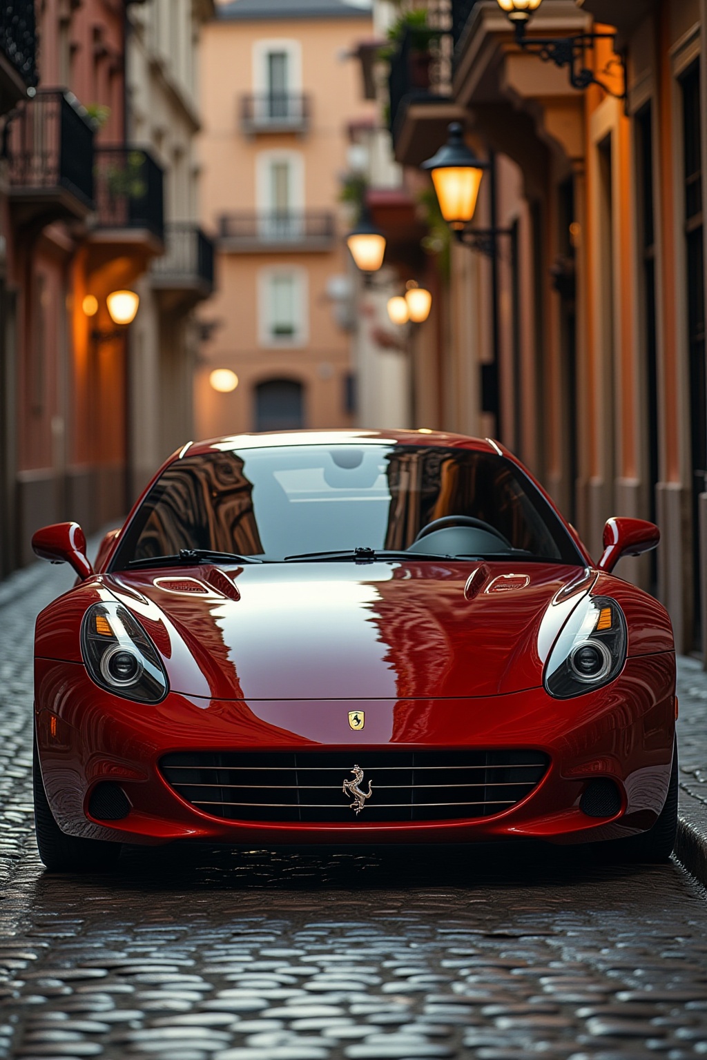 ddd A sports car The image depicts a sleek red sports car parked on a cobblestone street in a picturesque European town. T...