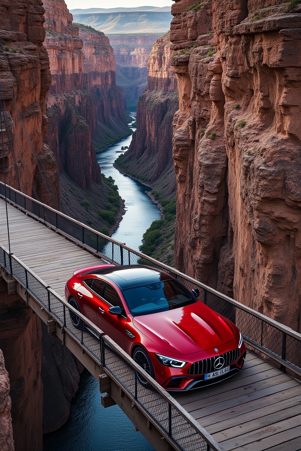 ddd A sports car The image shows a red Mercedes-AMG model car parked on a wooden bridge. The bridge is surrounded by a sce...