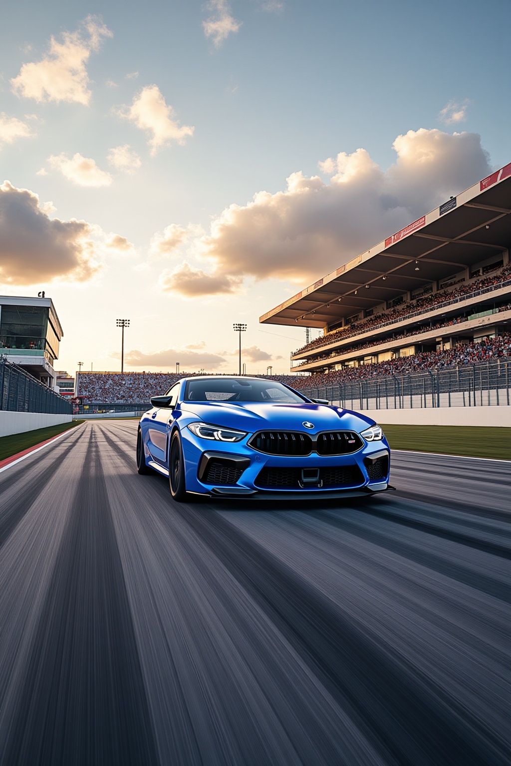 ddd A sports car The image shows a blue BMW M8 sports car driving on a racetrack. The car is positioned centrally in the f...