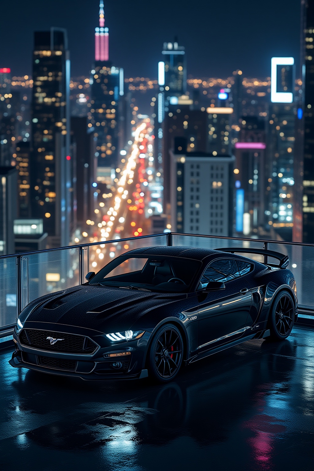 ddd A sports car The image depicts a sleek black sports car parked on a wet rooftop overlooking a cityscape at night. The...
