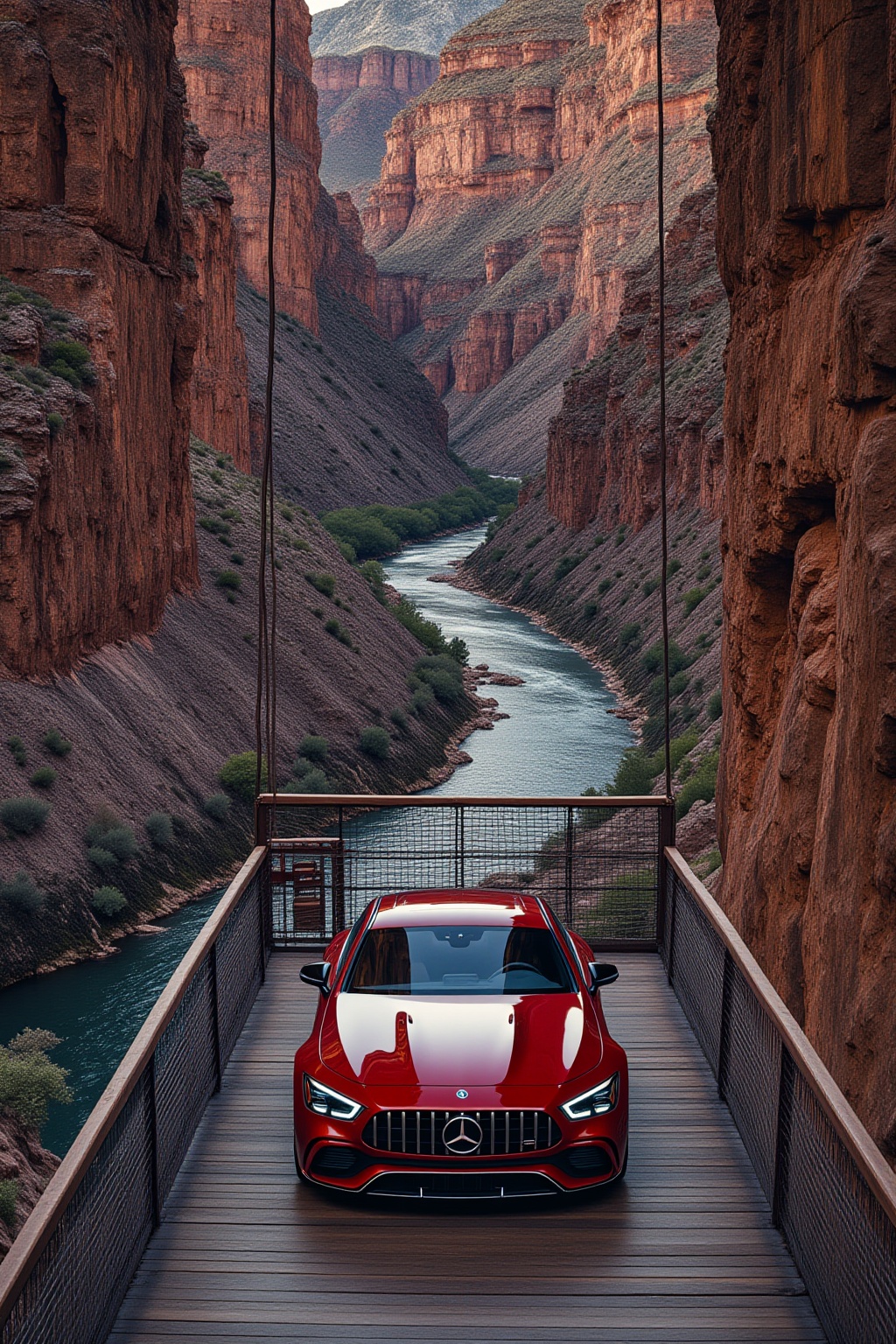 ddd A sports car The image shows a red Mercedes-AMG model car parked on a wooden bridge. The bridge is surrounded by a sce...