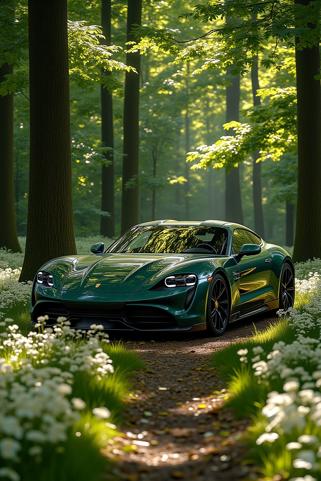 ddd A sports car The image depicts a sleek dark green sports car parked on a forest path surrounded by lush greenery. The...
