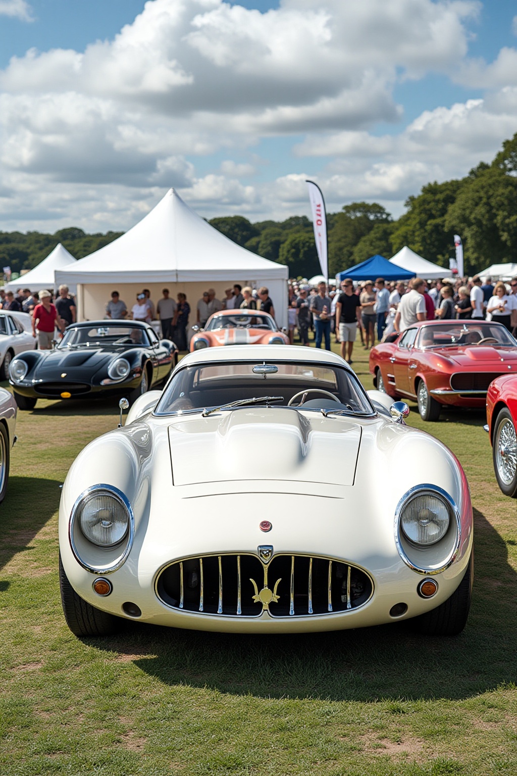 ddd A sports car The image shows a classic white sports car with a distinctive front grille and three circular headlights....