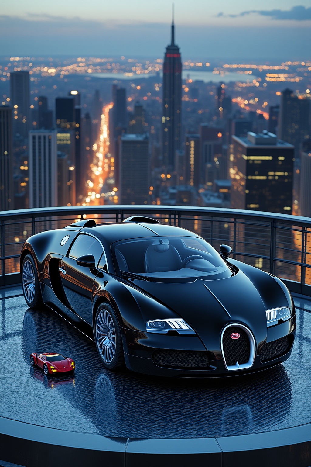 ddd A sports car The image depicts a sleek black Bugatti sports car parked on a circular metallic platform in the foregrou...