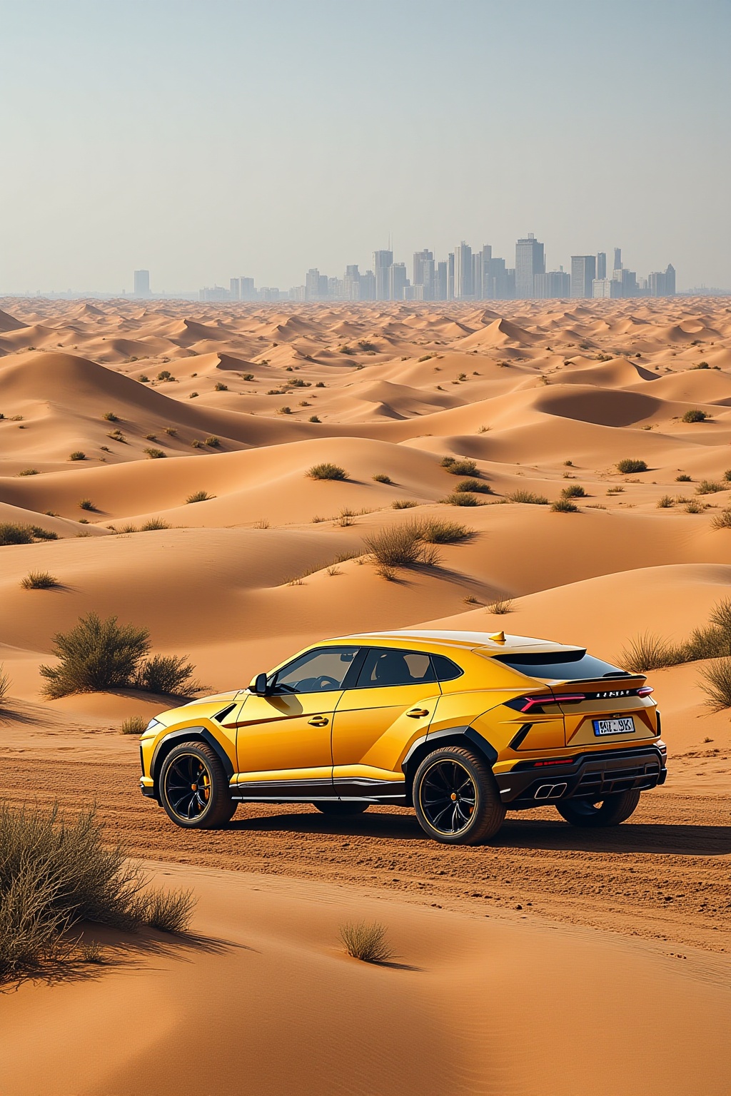 ddd A sports car The image shows a bright yellow Lamborghini Urus SUV parked on a sandy desert terrain. The vehicle is pos...