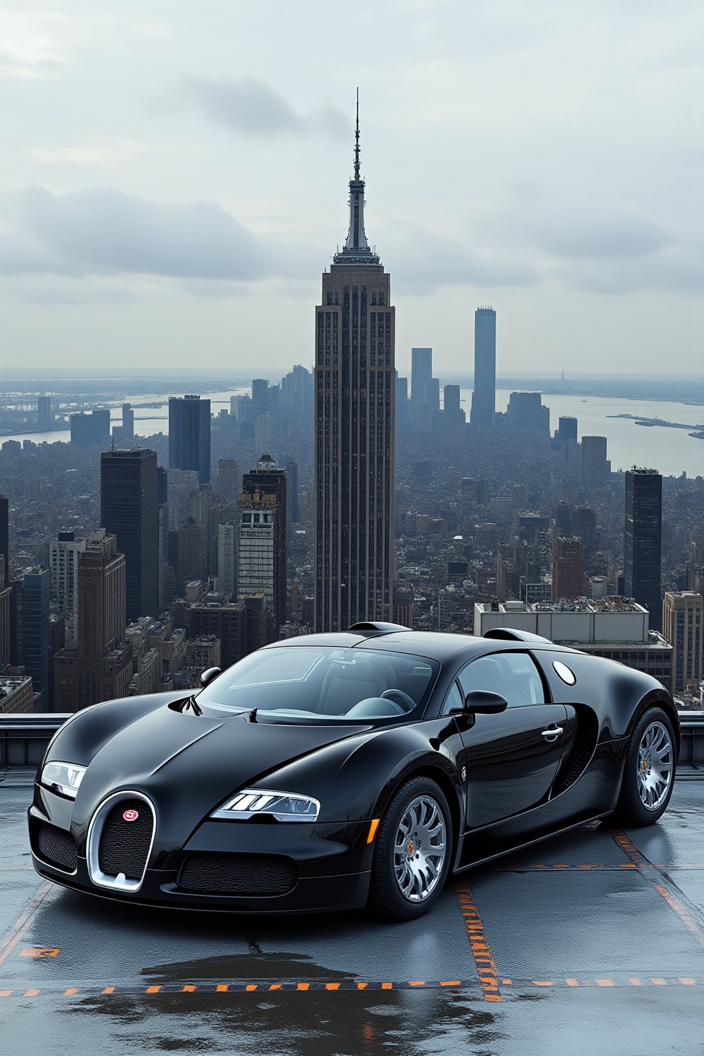 ddd A sports car The image depicts a sleek black Bugatti car parked on a rooftop overlooking a cityscape. The car is posit...