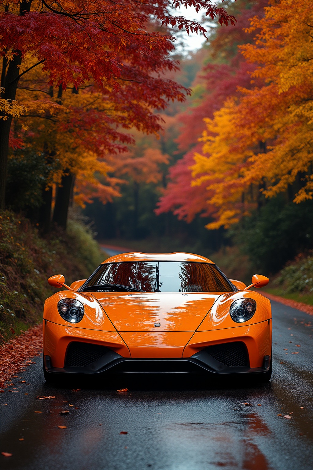 ddd A sports car The image depicts a bright orange sports car parked on a narrow winding road surrounded by vibrant autumn...