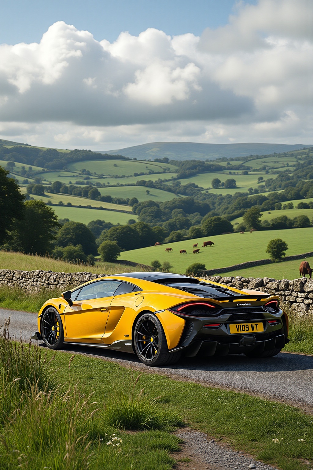 ddd A sports car The image depicts a sleek yellow sports car with black accents parked on a narrow country road. The car i...