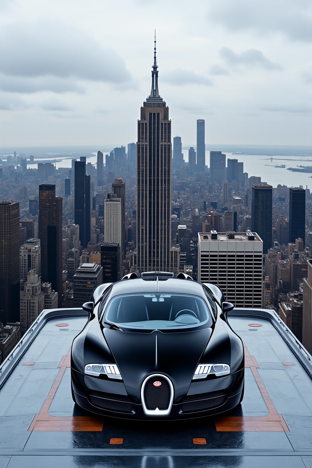 ddd A sports car The image depicts a sleek black Bugatti car parked on a rooftop overlooking a cityscape. The car is posit...