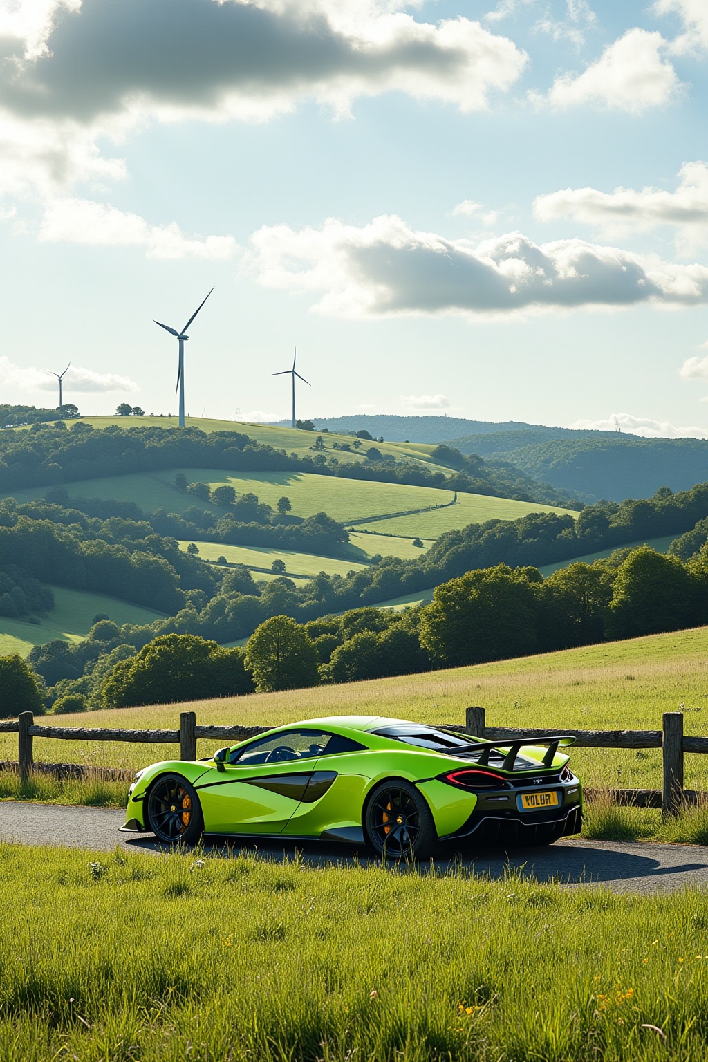 ddd A sports car The image depicts a bright sunny day in a rural landscape. In the foreground there is a sleek modern spor...