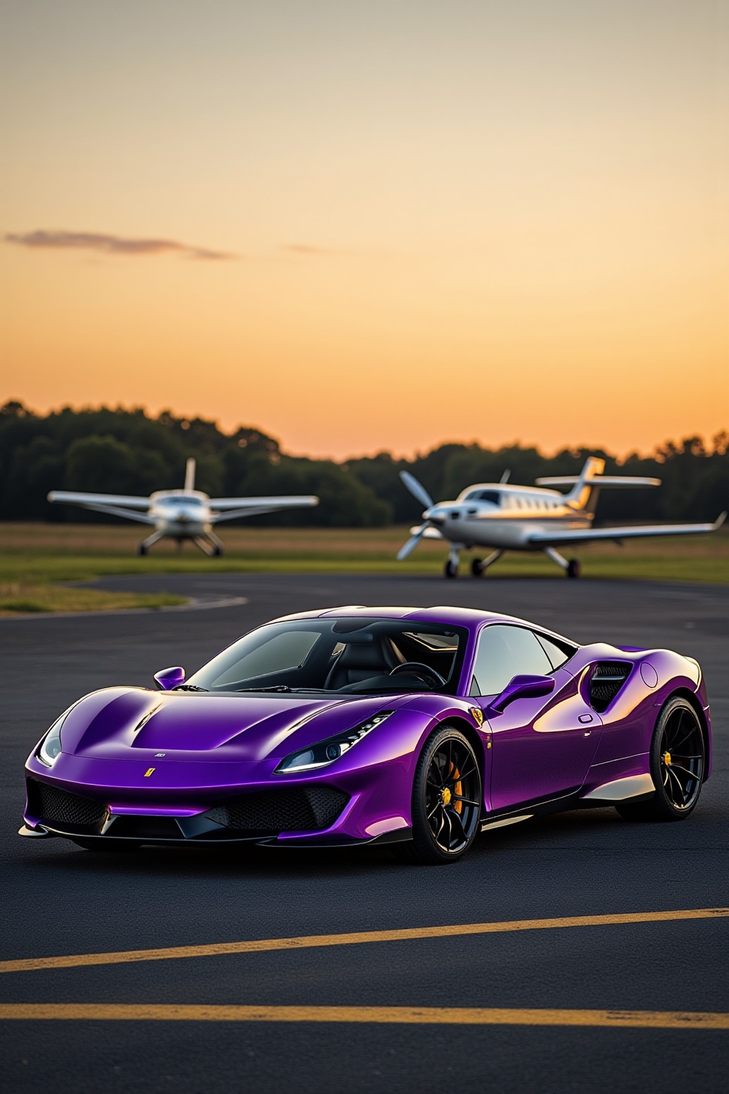 ddd A sports car The image depicts a sleek vibrant purple sports car parked on a tarmac with a yellow line marking the edg...