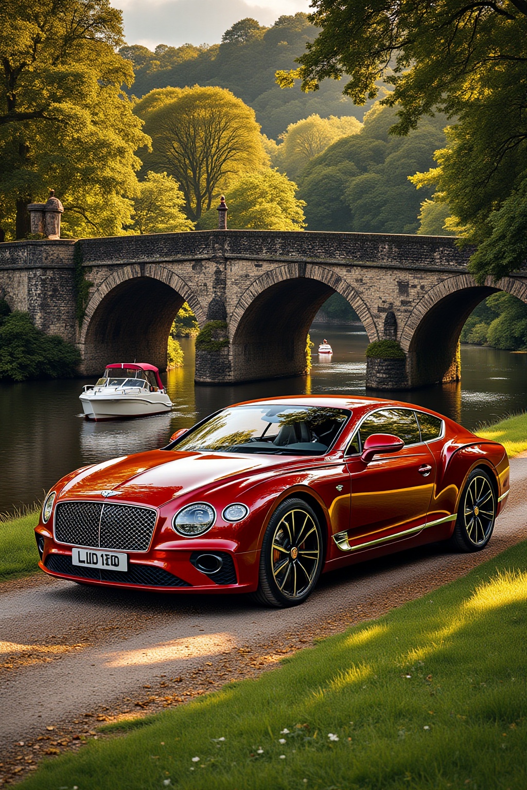 ddd A sports car The image depicts a sleek red Bentley car parked on a gravel path beside a serene river. The car is posit...
