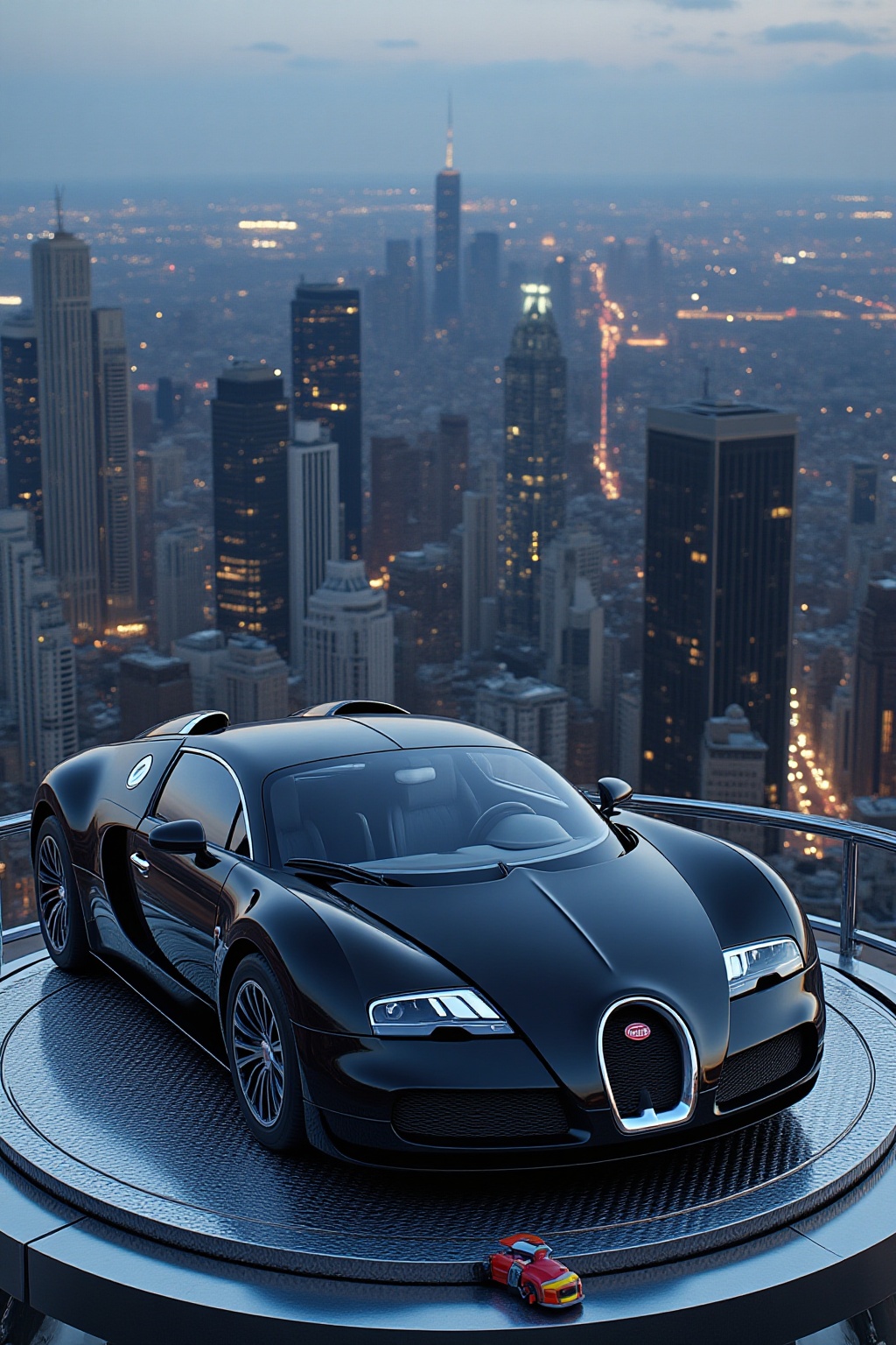 ddd A sports car The image depicts a sleek black Bugatti sports car parked on a circular metallic platform in the foregrou...