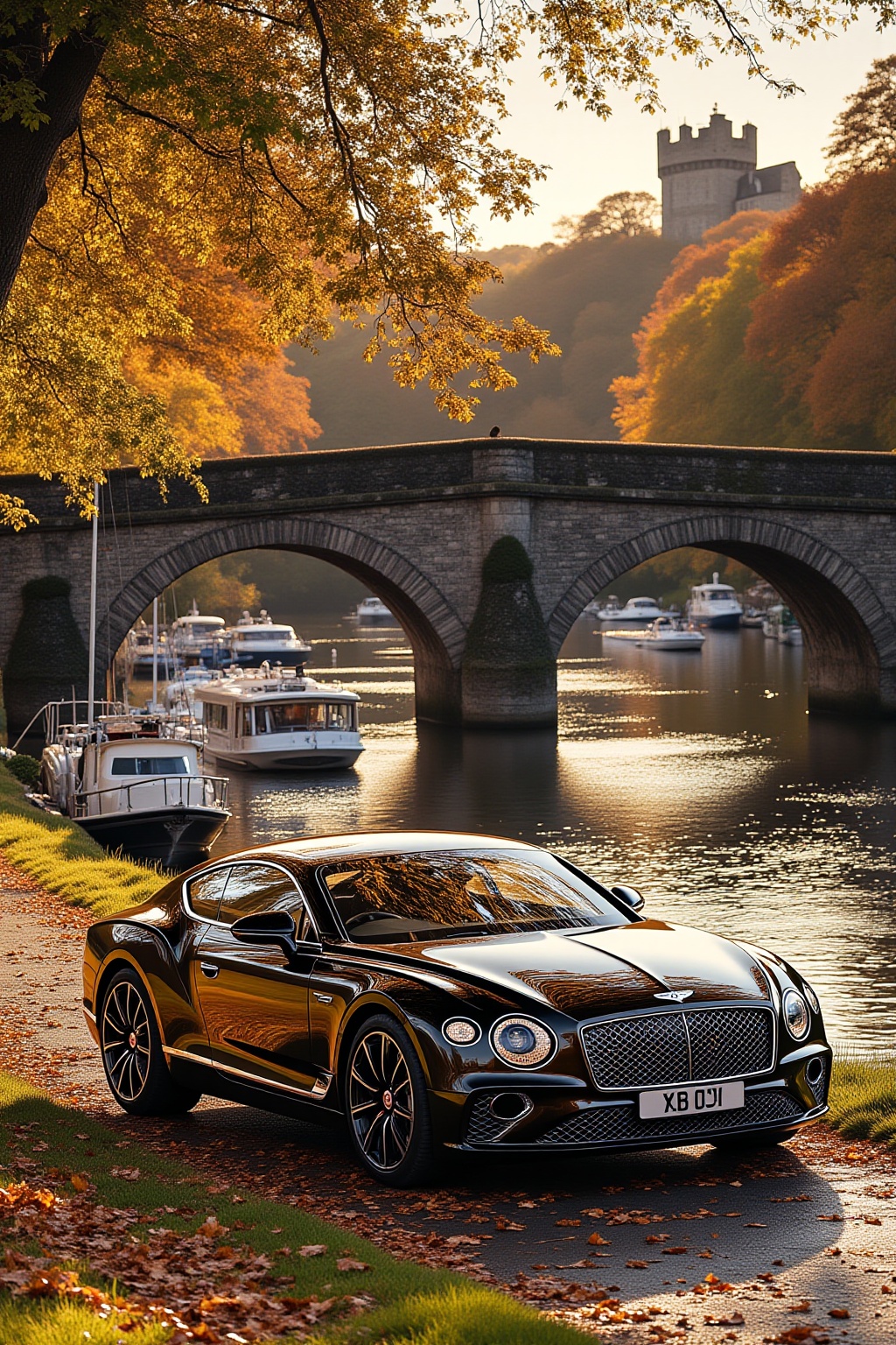 ddd A sports car The image depicts a luxurious car parked on a paved path beside a serene river. The car is a Bentley iden...