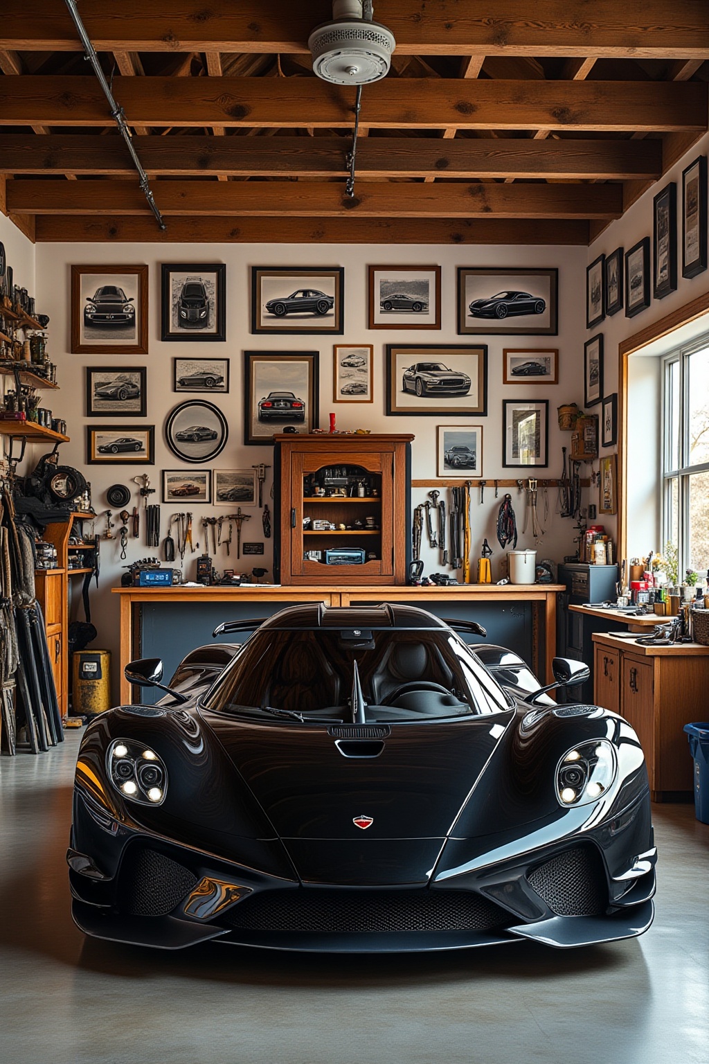 ddd A sports car The image depicts a sleek black sports car parked inside a well-organized garage. The car has a modern ae...