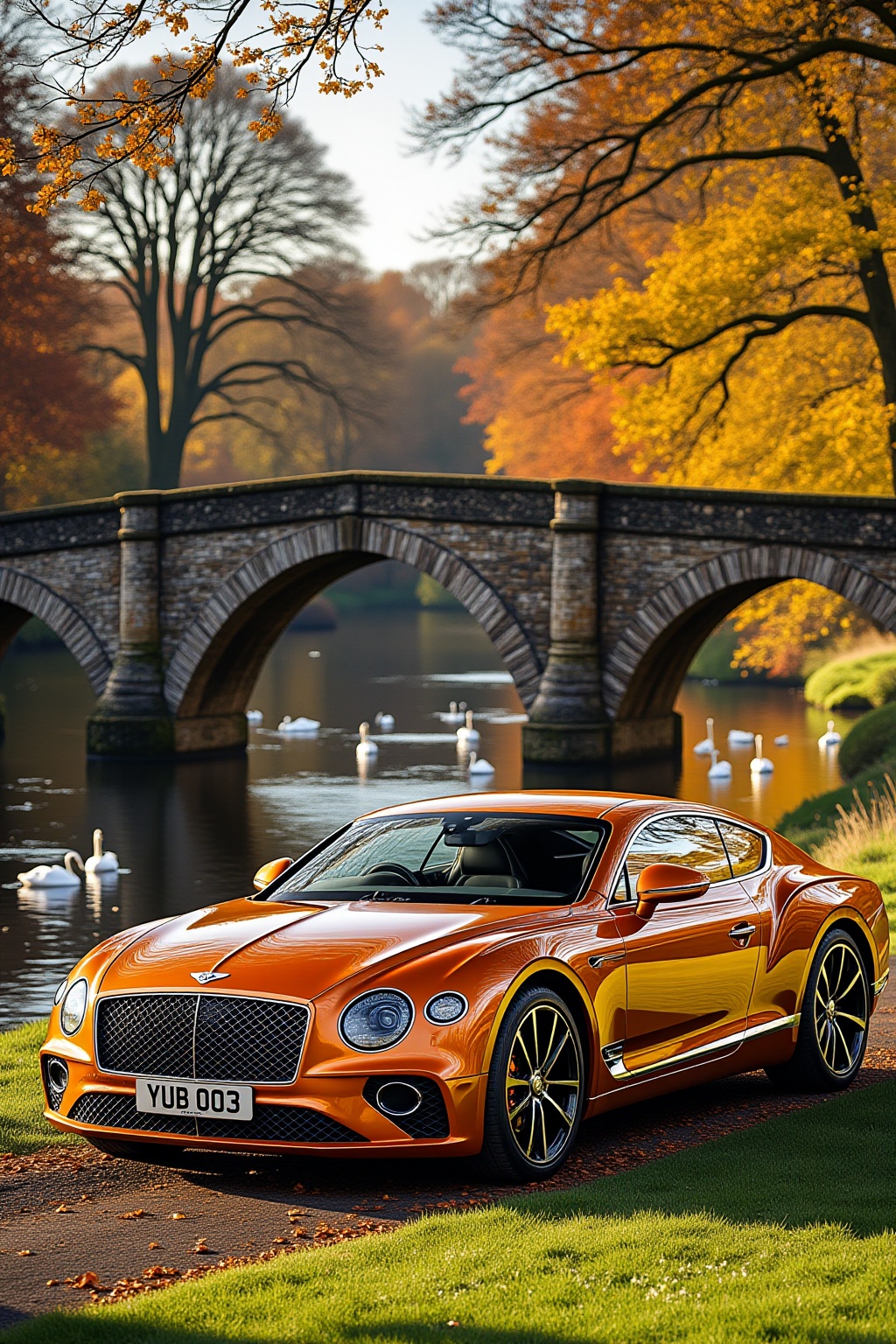 ddd A sports car The image depicts a sleek orange Bentley car parked on a grassy area near a body of water. The car is pos...