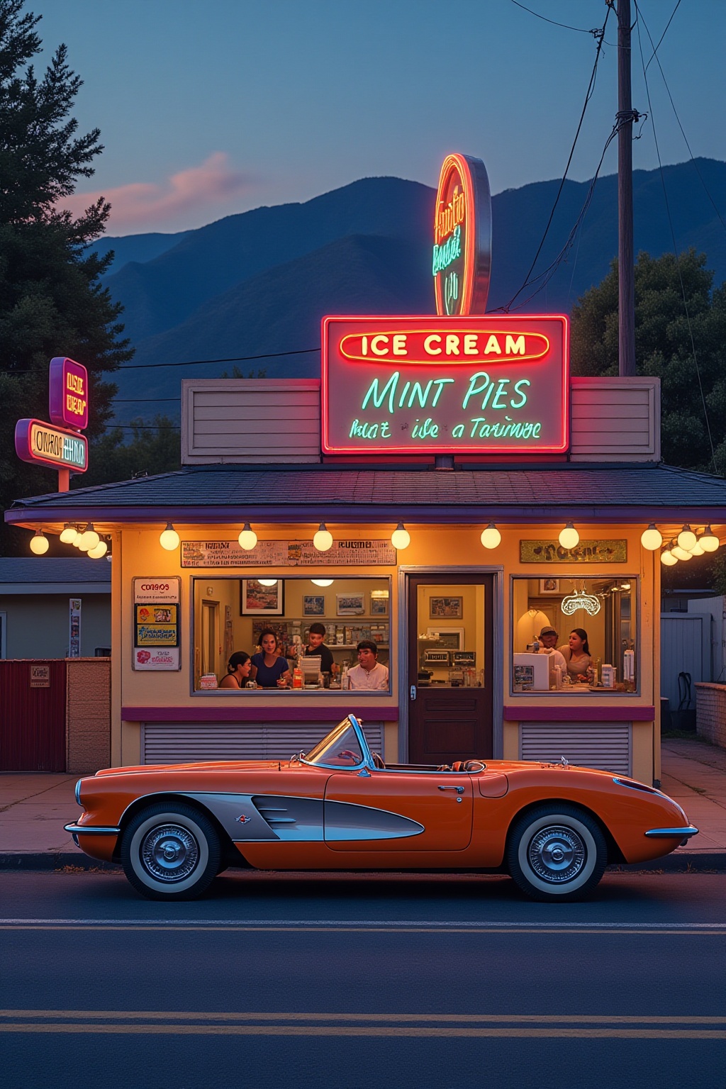 ddd A sports car The image depicts a classic orange Chevrolet Corvette convertible parked on a street in front of a retro-...