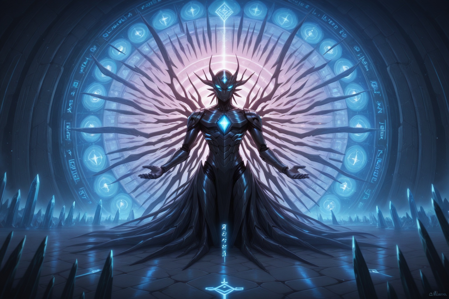 A colossal interdimensional gate guarded by alien beings,  carved from crystal and steel,  glowing runes on Tensor.Art