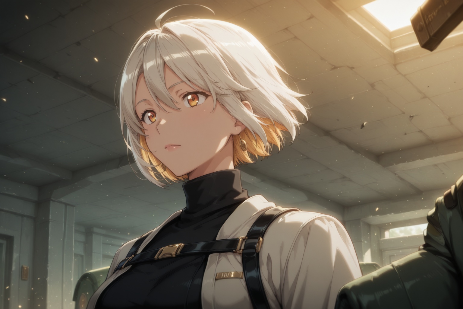 Time-traveling girl wearing hybrid era fashion,  in a collapsing futuristic Rome,  light shining through debris on Tensor.Art