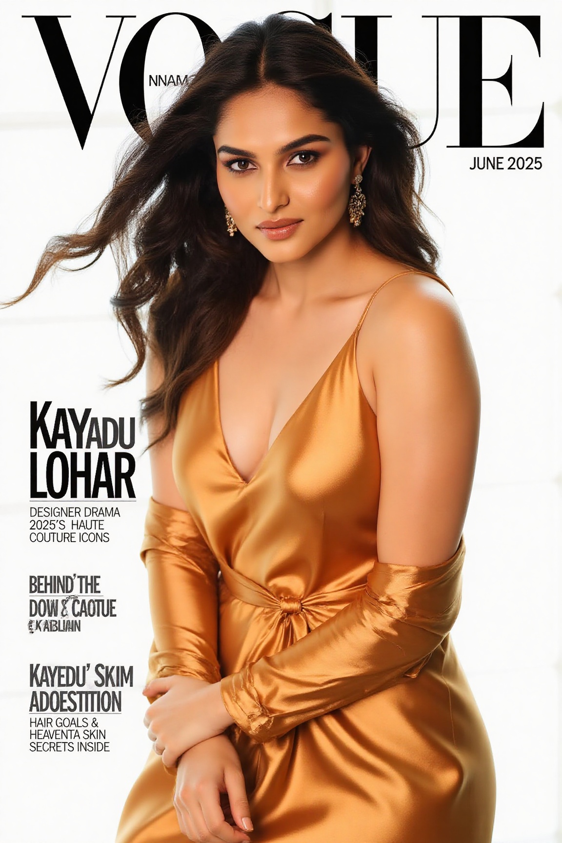 "Kayadu L on the cover of a high-fashion Vogue magazine,  wearing a luxurious designer dress,  elegant and stylish editori...