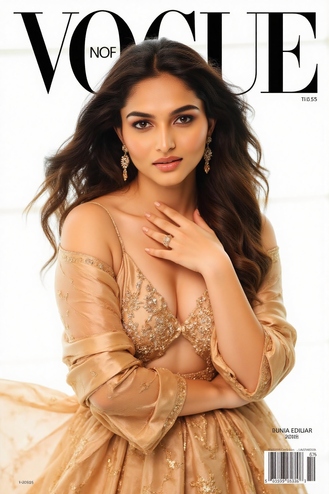 "Kayadu L on the cover of a high-fashion Vogue magazine,  wearing a luxurious designer dress,  elegant and stylish editori...