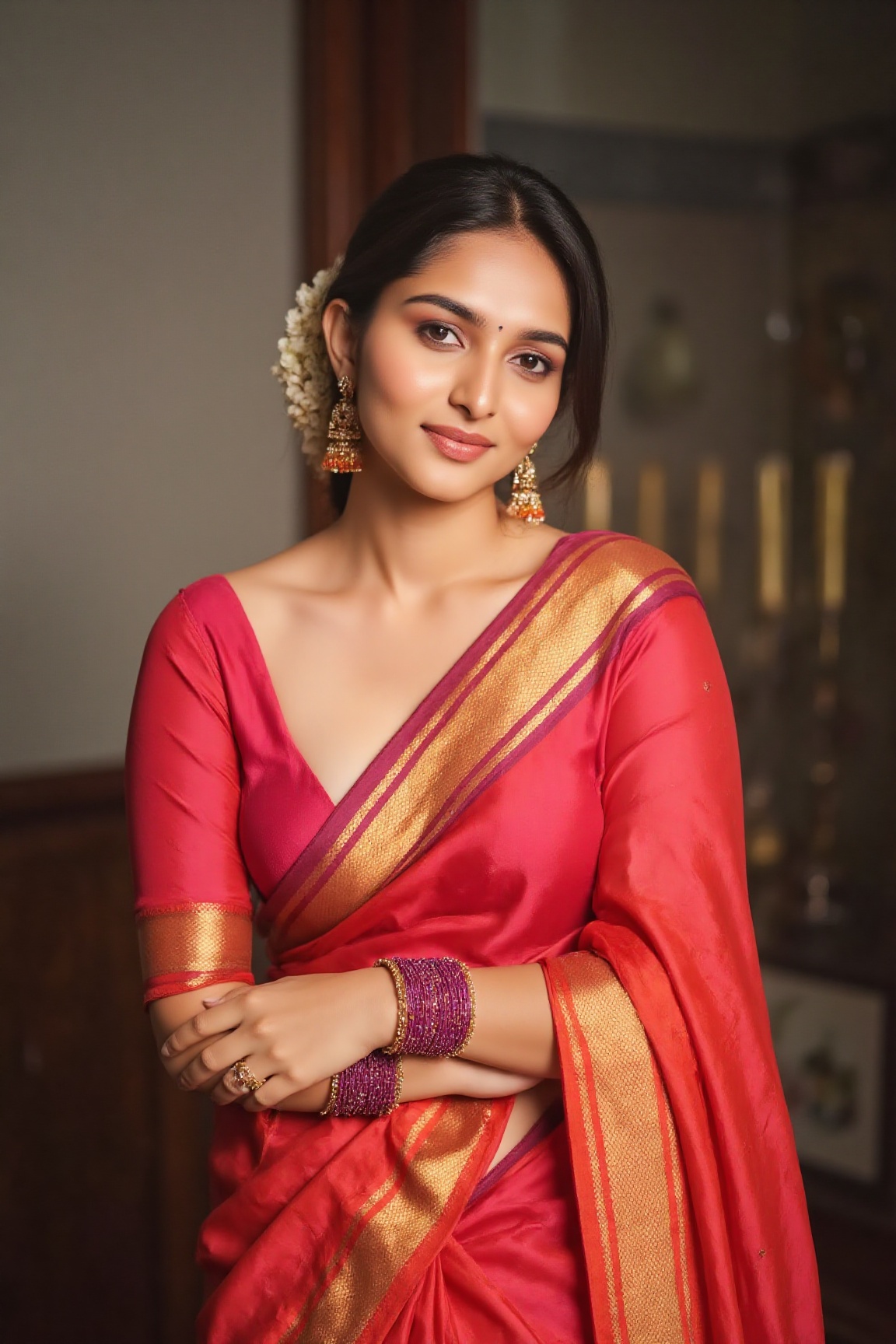 Kayadu L,  Indian bridal look,  wearing red wedding saree on Tensor.Art