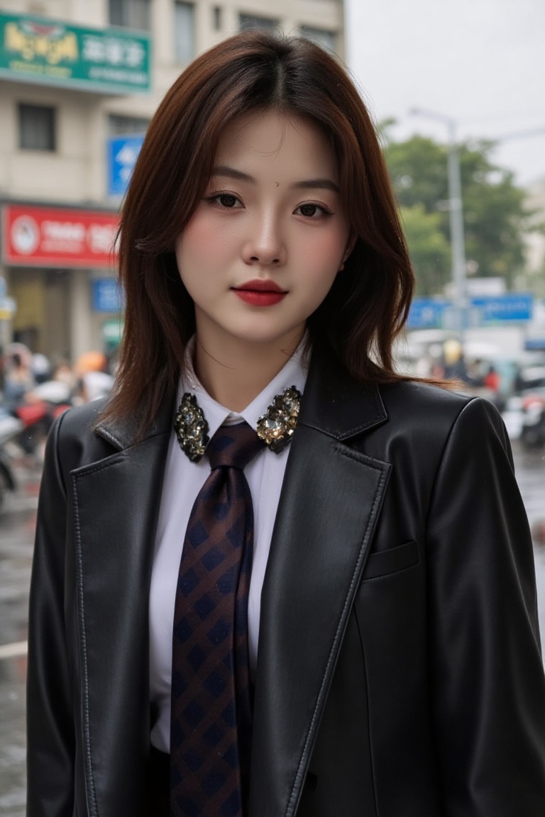 (masterpirce),  attractive vietnamese face during heavy rain,  a woman in a suit posing for a picture on Tensor.Art