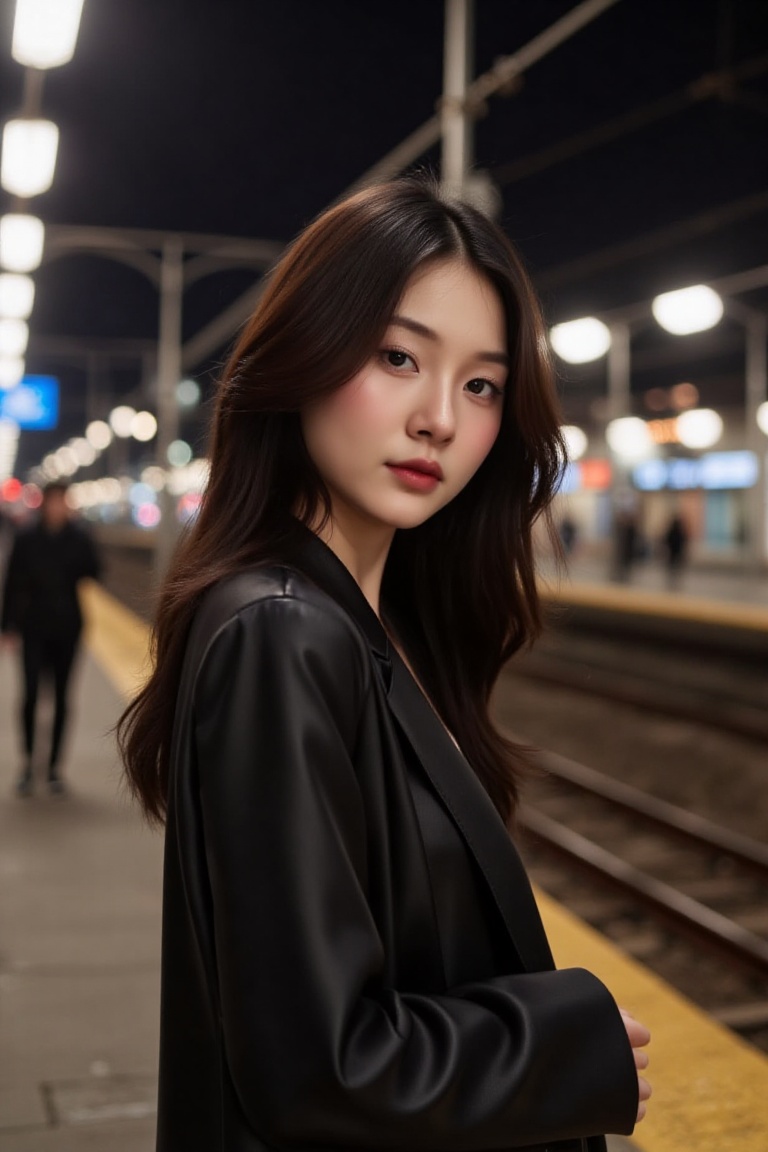 Cinematic Photo of a beautiful korean fashion model bokeh train on Tensor.Art