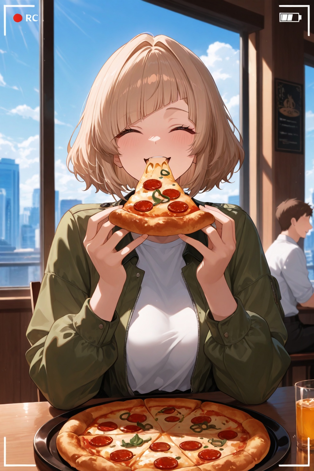 masterpiece, best quality, very aesthetic, ultra-detailed, incredibly absurdres, viewfinder, facing view, upper body, 1girl, solo focus, eating pizza, light brown hair, short hair, bob cut, hair intakes, wavy hair, diagonal bangs, happy, excited, green jacket, white shirt, restaurant, sitting on chair, table, indoors, volumetric lighting, window, city, blue sky, clouds, sunlight, shade