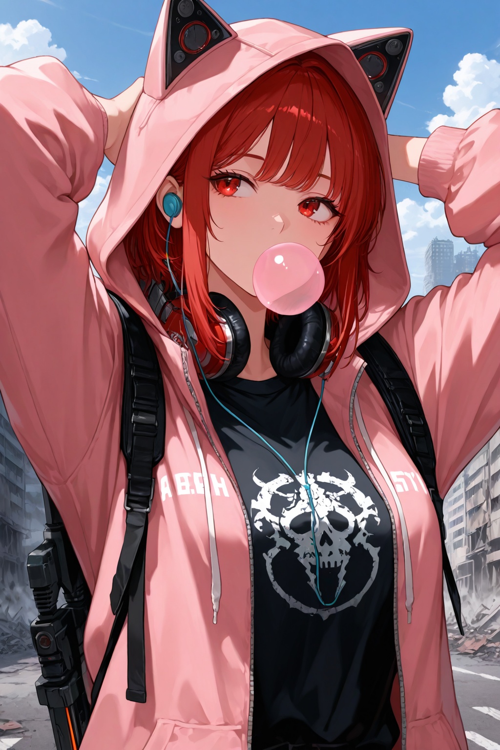 masterpiece, best quality, very aesthetic, ultra-detailed, absurdres, upper body, facing viewer, hands behind own head, 1girl, solo, look away, red hair, medium hair, choppy bangs, himecut, sidelocks, red eyes, bubble gum, pink hoodie, hood up, black shirt, techwear, plasma rifle, (weapon on own behind), headphone on neck, apocalypse, ruined city, blue sky, street, clouds, sci-fi