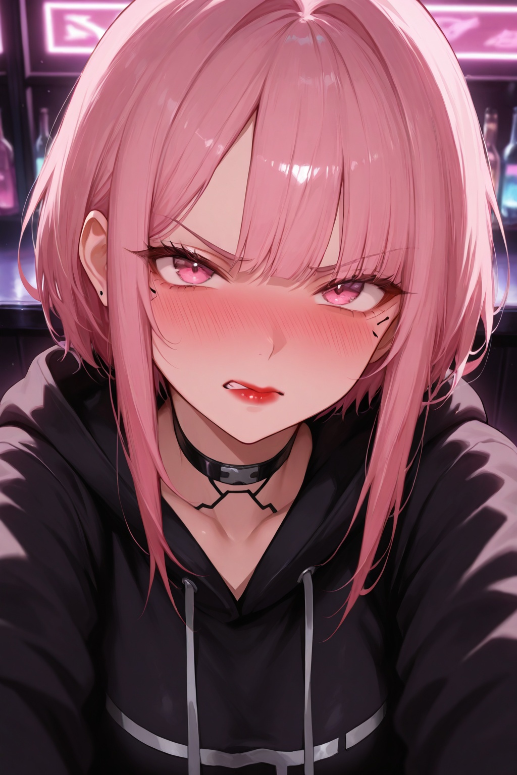 masterpiece, best quality, amazing quality, very aesthetic, high resolution, ultra-detailed, absurdres, newest, 8k UHD, POV, close up, 1girl, solo, look at viewer, short pink hair, bangs, pink eyes, red lips, tsundere, blushing, angry cute face, cyberpunk style, bar, standing, black hoodie, red shirt