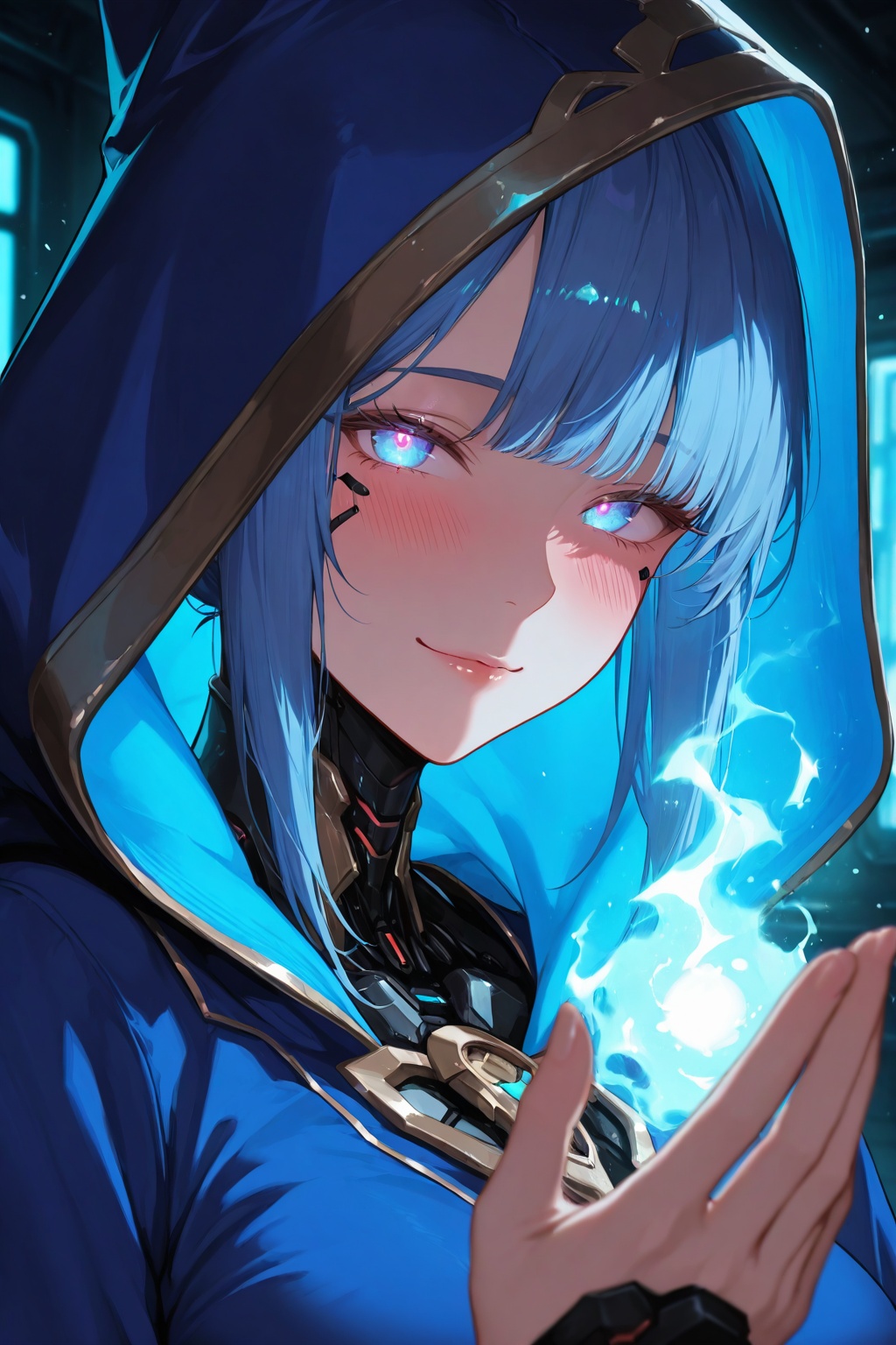 masterpiece, best quality, amazing quality, very aesthetic, high resolution, ultra-detailed, absurdres, newest, 8k UHD, close up, cyborg, 1girl, solo, look at viewer, short blue hair, bobbed hairstyle, bangs, slight smile, happy face, blushing, glowing eyes, cyberpunk, indoors, sorceress, blue robe, hood, magic, fantasy, blue energy aura, blue light particles, neon room