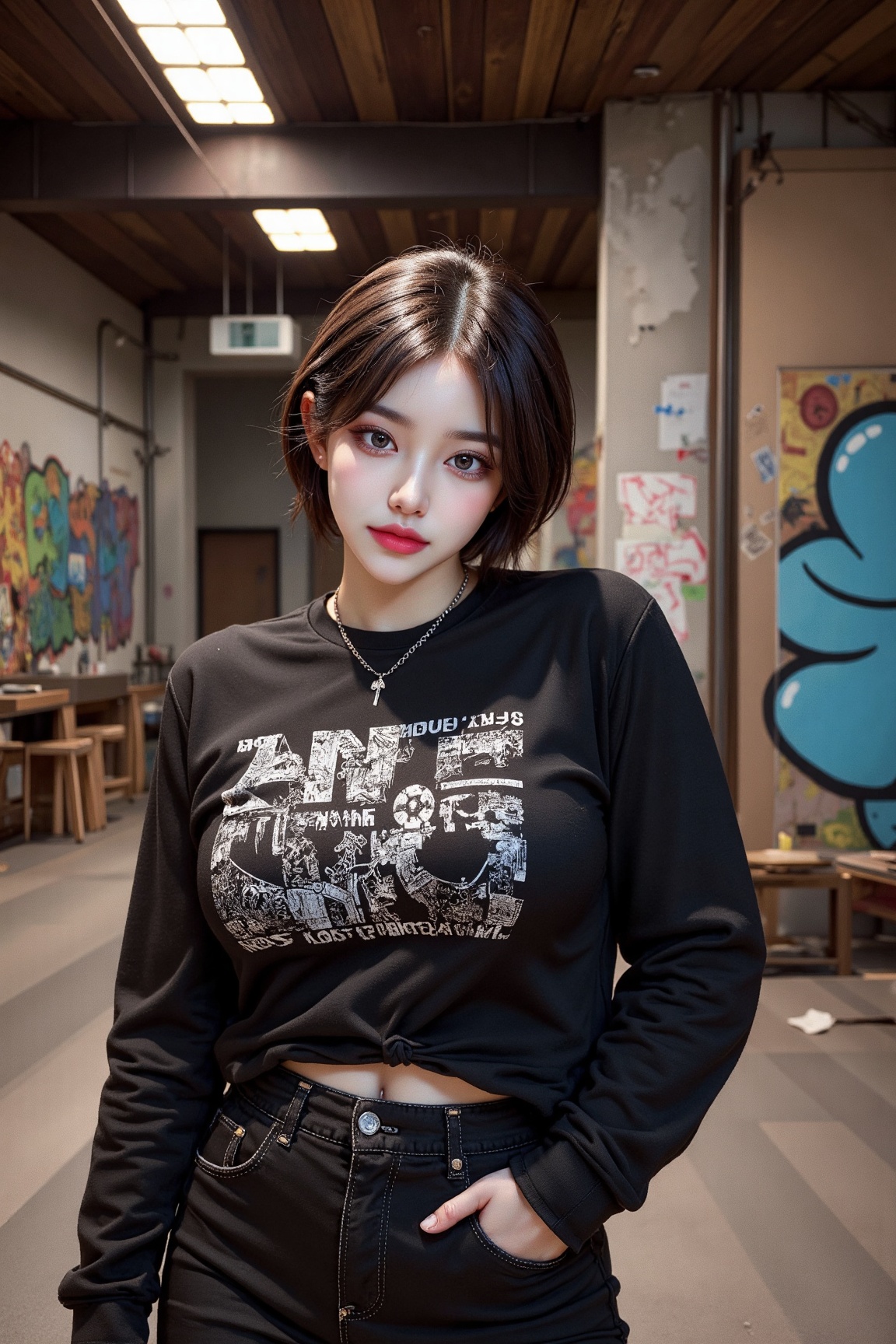 A high-resolution professional portrait photograph of an ul224ng style 23-year-old woman,  with short pixie cut poses in f...