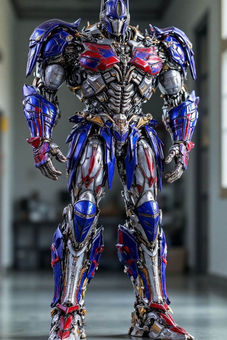 optimusarmor,  full-body view of a highly detailed futuristic robot warrior,  intricate silver and blue mechanical armor w...