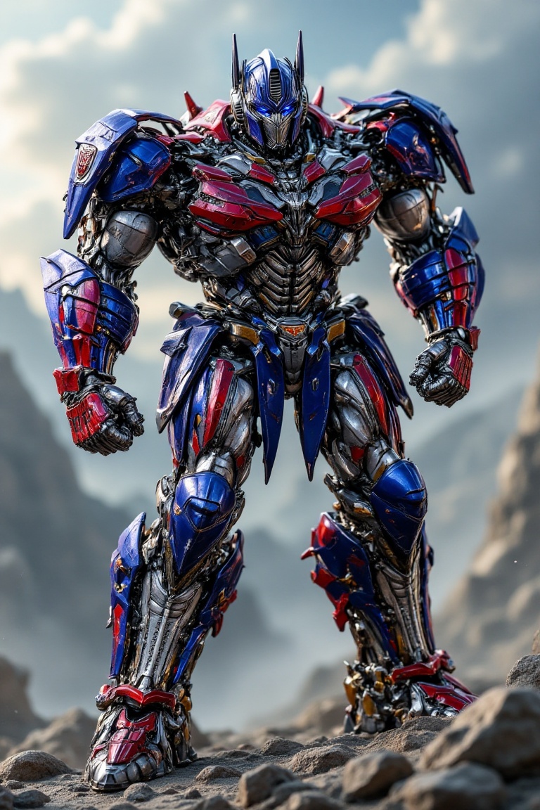 optimusarmor,  a powerful robot warrior in a superhero landing pose,  one knee on the rocky ground and one fist planted do...