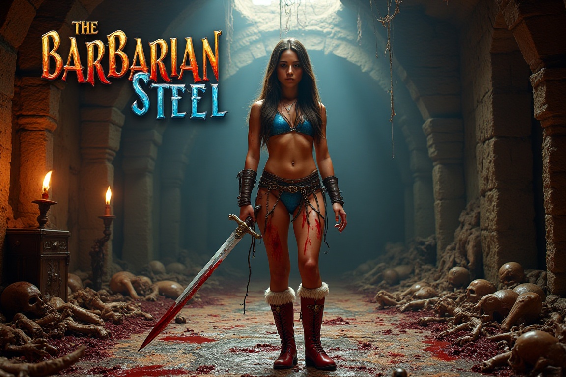 Hyperrealistic,  intricately detailed,  epic fantasy movie poster for "Barbarian Steel" on Tensor.Art