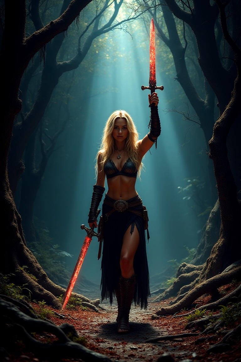 The magnificent warrior Kaley Cuoco walking through a shadowy grimdark forest holding up a shimmering magical sword,  the...