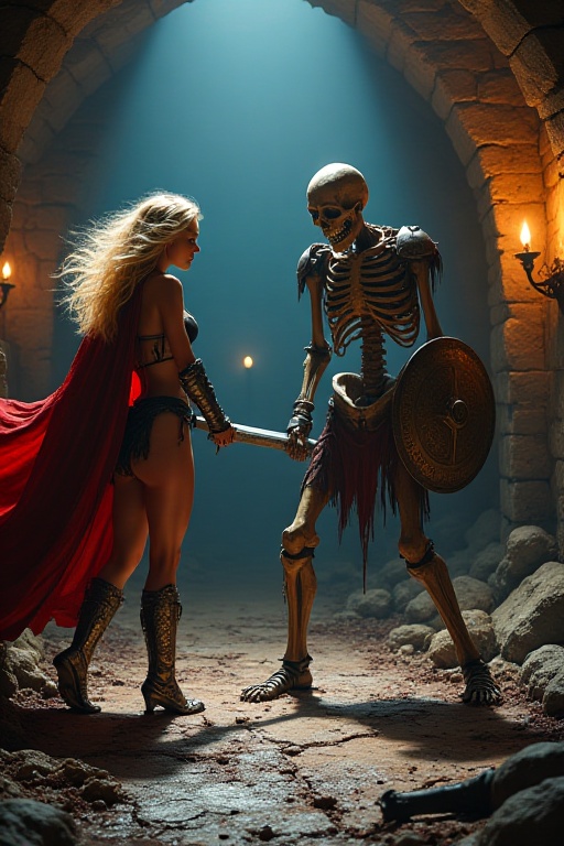 The cinematic photorealistic epic fantasy action scene depicts Kaley Cuoco,  radiant in a meticulously crafted warrior ens...