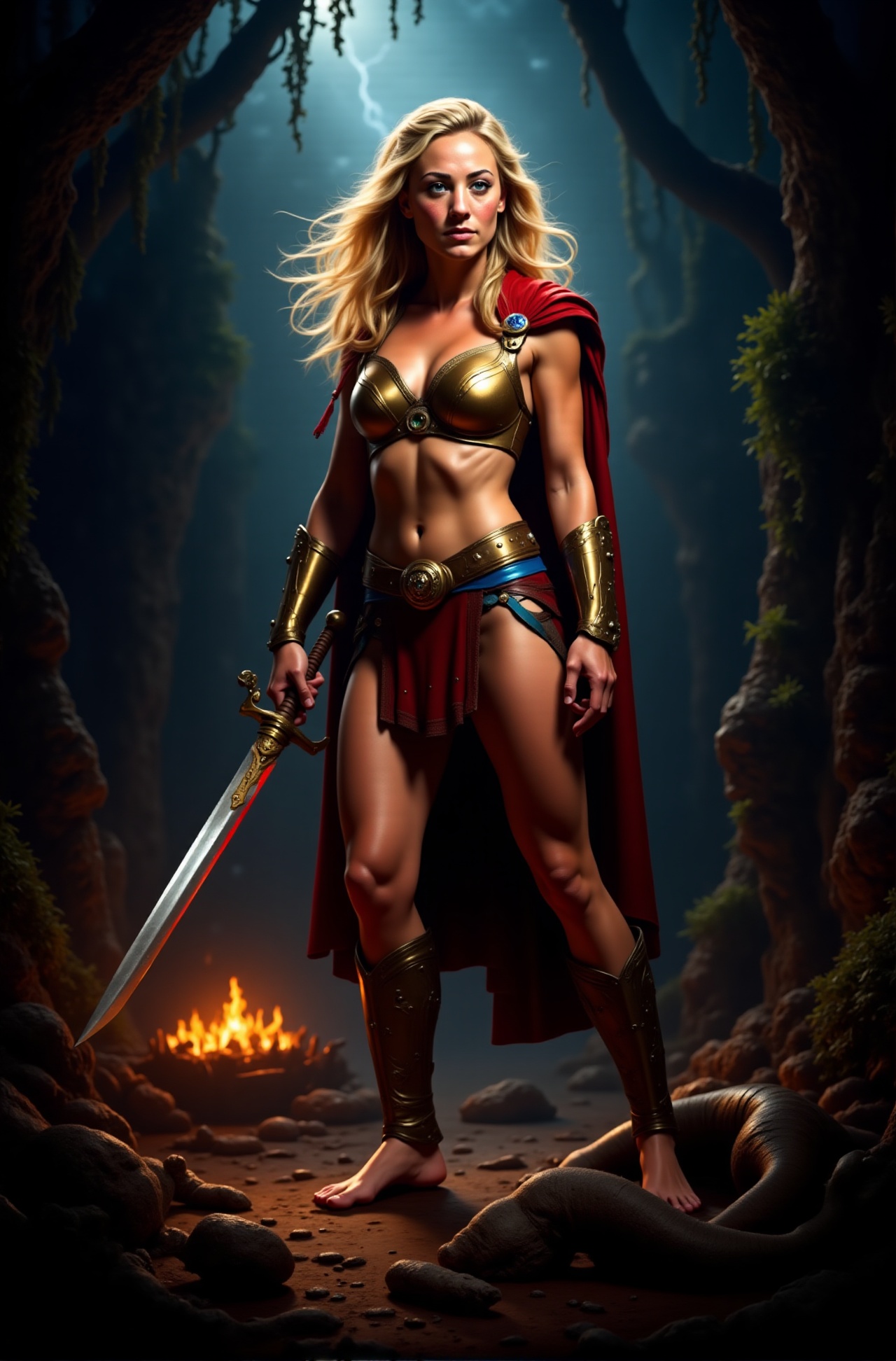 Kaley Cuoco as an Amazon warrior,  standing tall and proud in the center of the field of battle in a ultra-realistic scene...