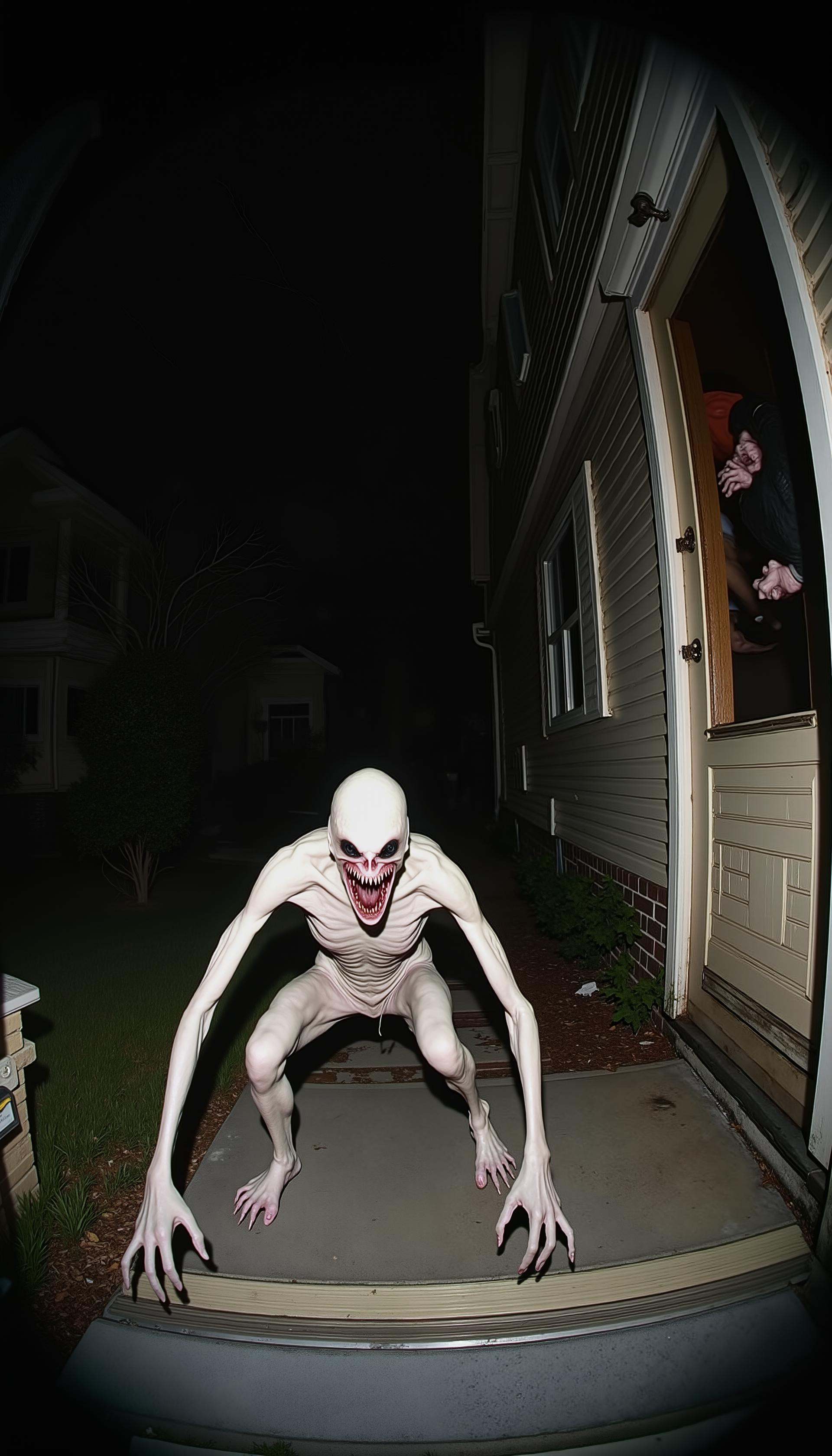 12.pm,  Nighttime suburban street viewed through a fisheye lens,  as if seen from a door peephole. An eerie on Tensor.Art