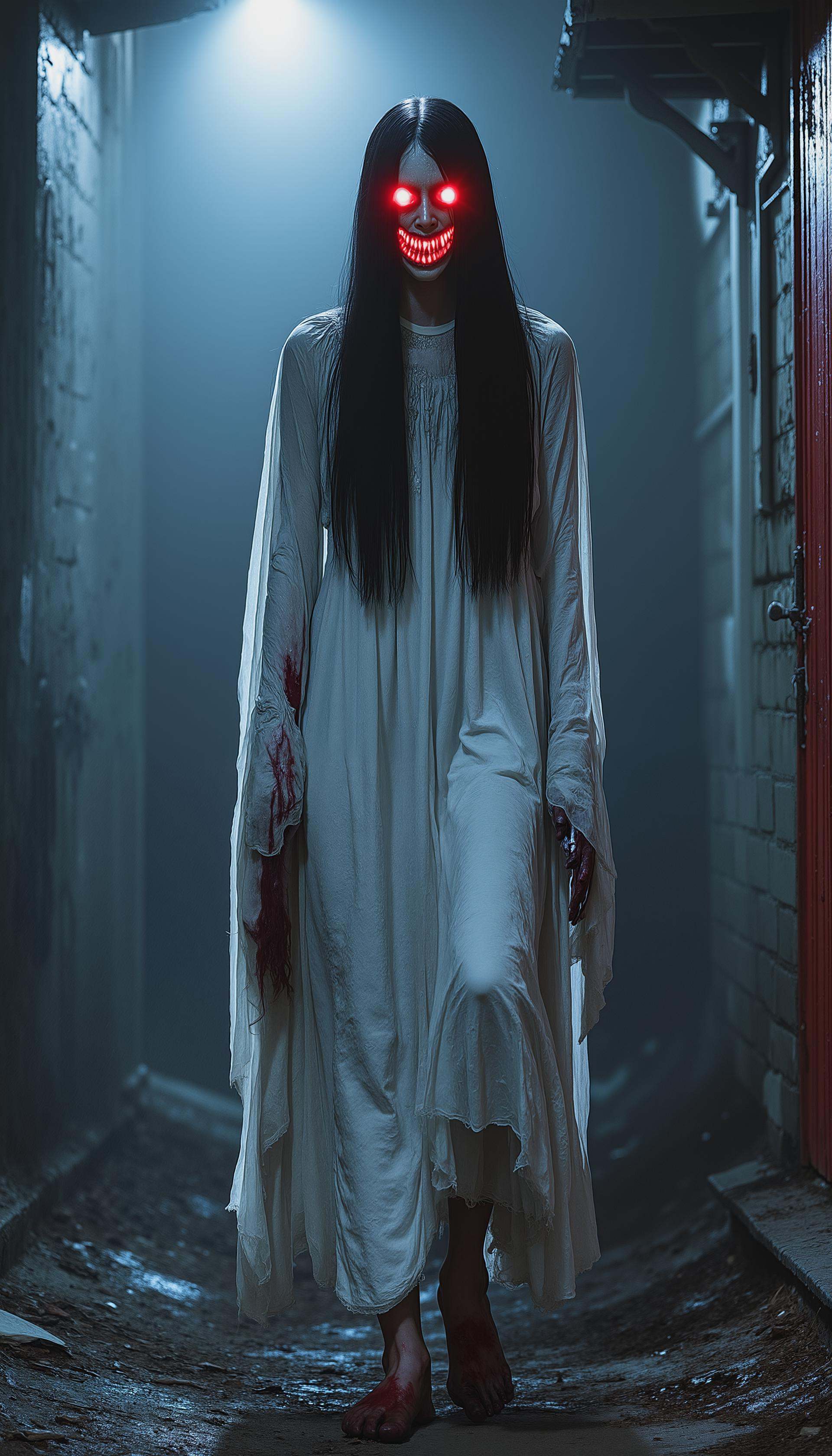 12,  pm,  Breathtaking medium shot photography of a ghostly woman with glowing red eyeswearing a long on Tensor.Art