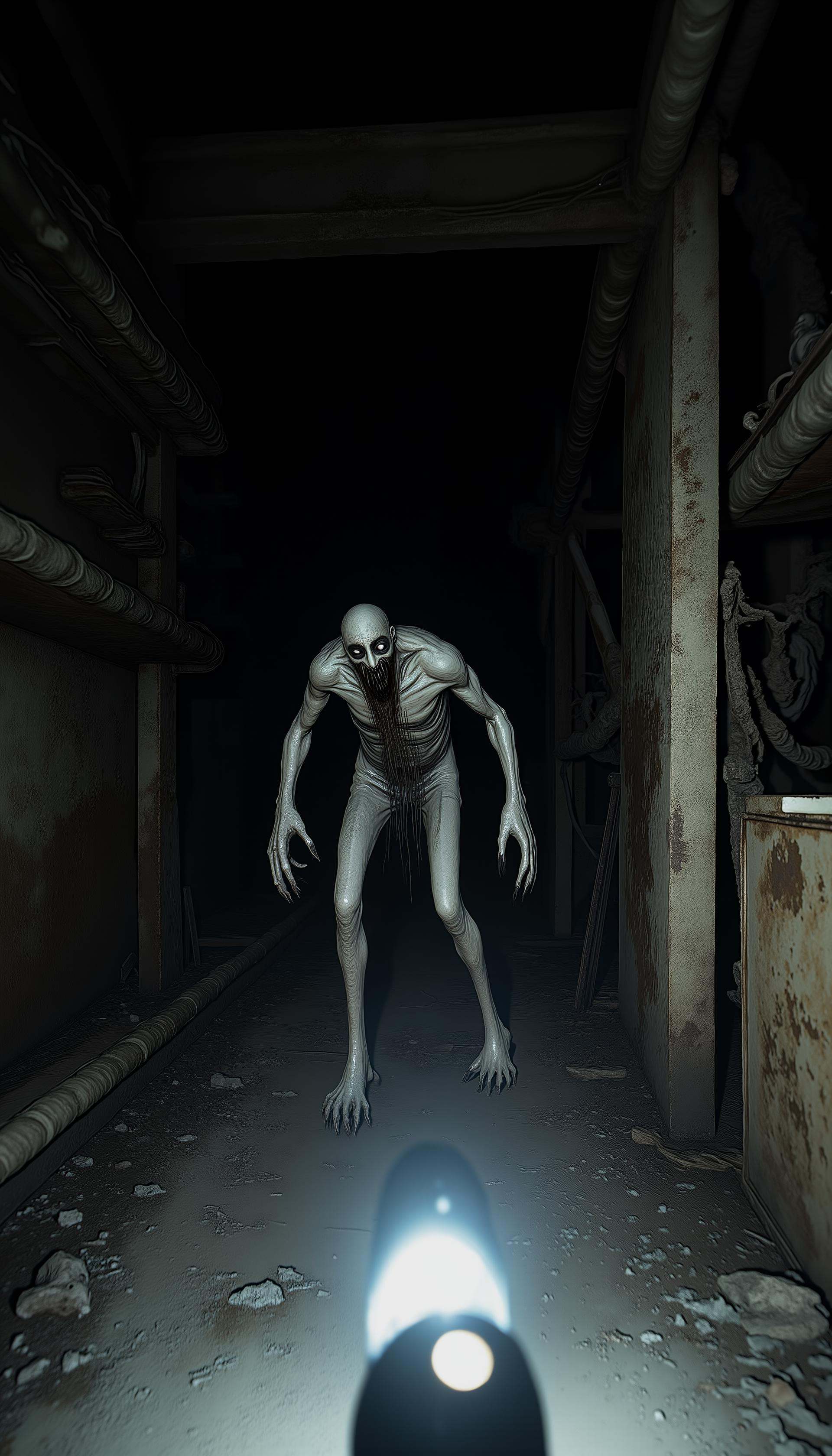 12.pm,  A POV perspective of someone exploring an abandoned factory,  holding a flashlight. The flashlight's beam illumina...
