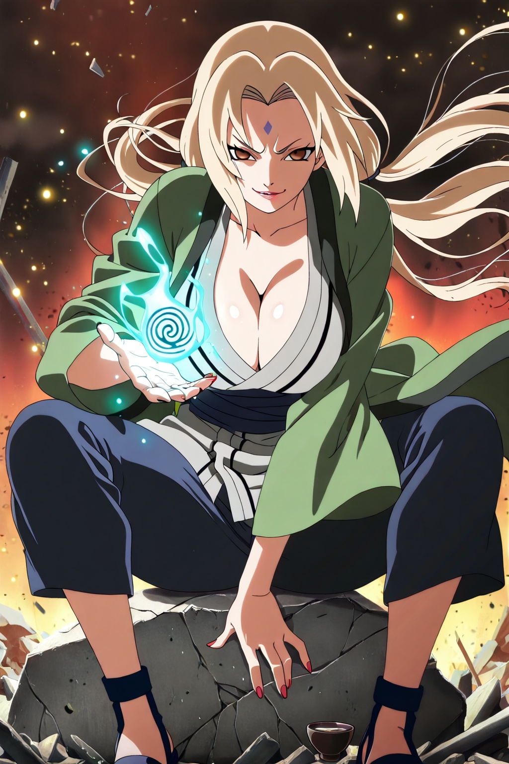 (1girl),  Tsunade from Naruto,  sitting on broken battlefield rubble with sake cup on Tensor.Art