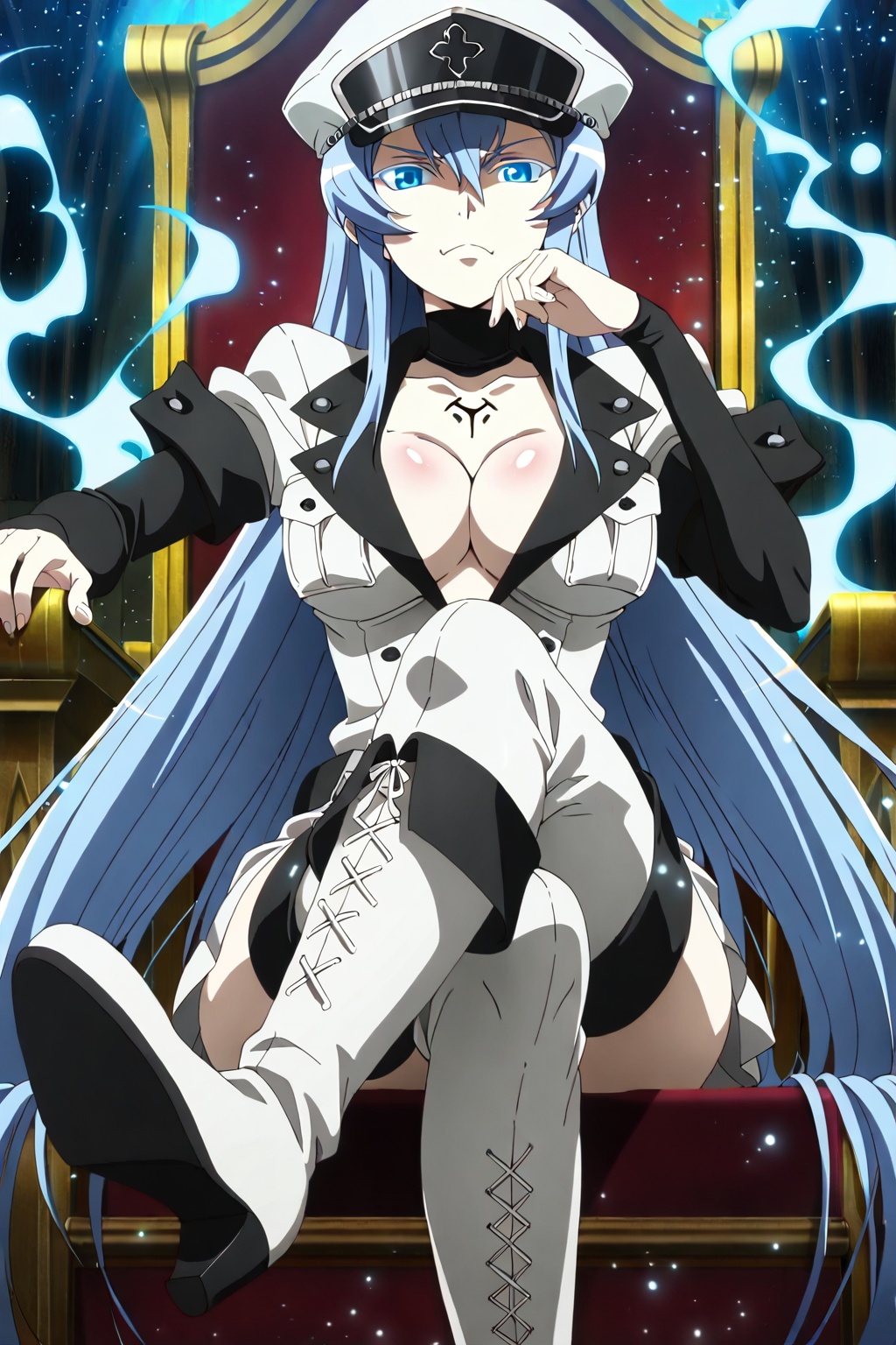 (1girl),  Esdeath from Akame ga Kill!,  sitting on throne with legs crossed on Tensor.Art