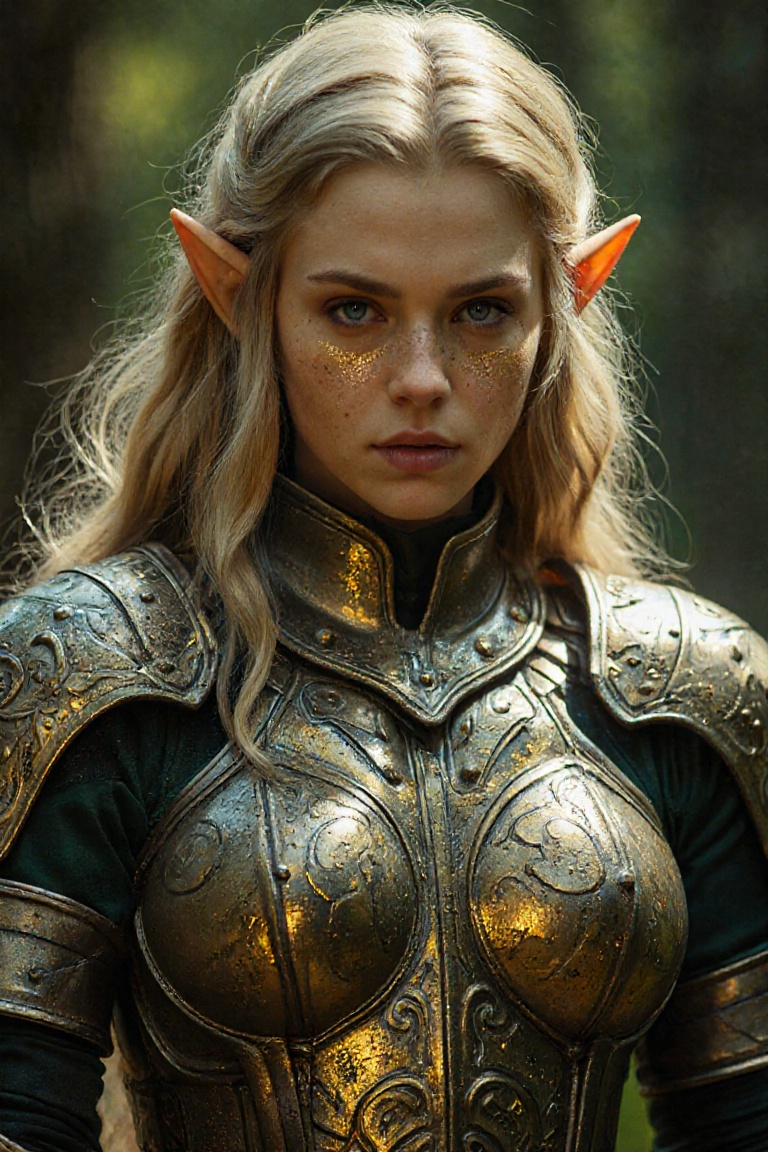 A highly detailed,  digital artwork depicting a young,  blonde elf woman with pointed ears on Tensor.Art