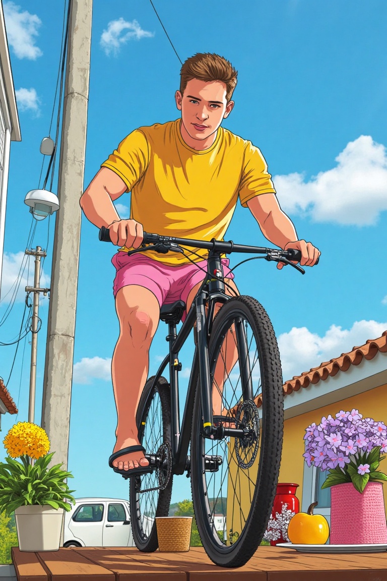 Aman riding a bike on a table,  low angle view ,  illustration on Tensor.Art