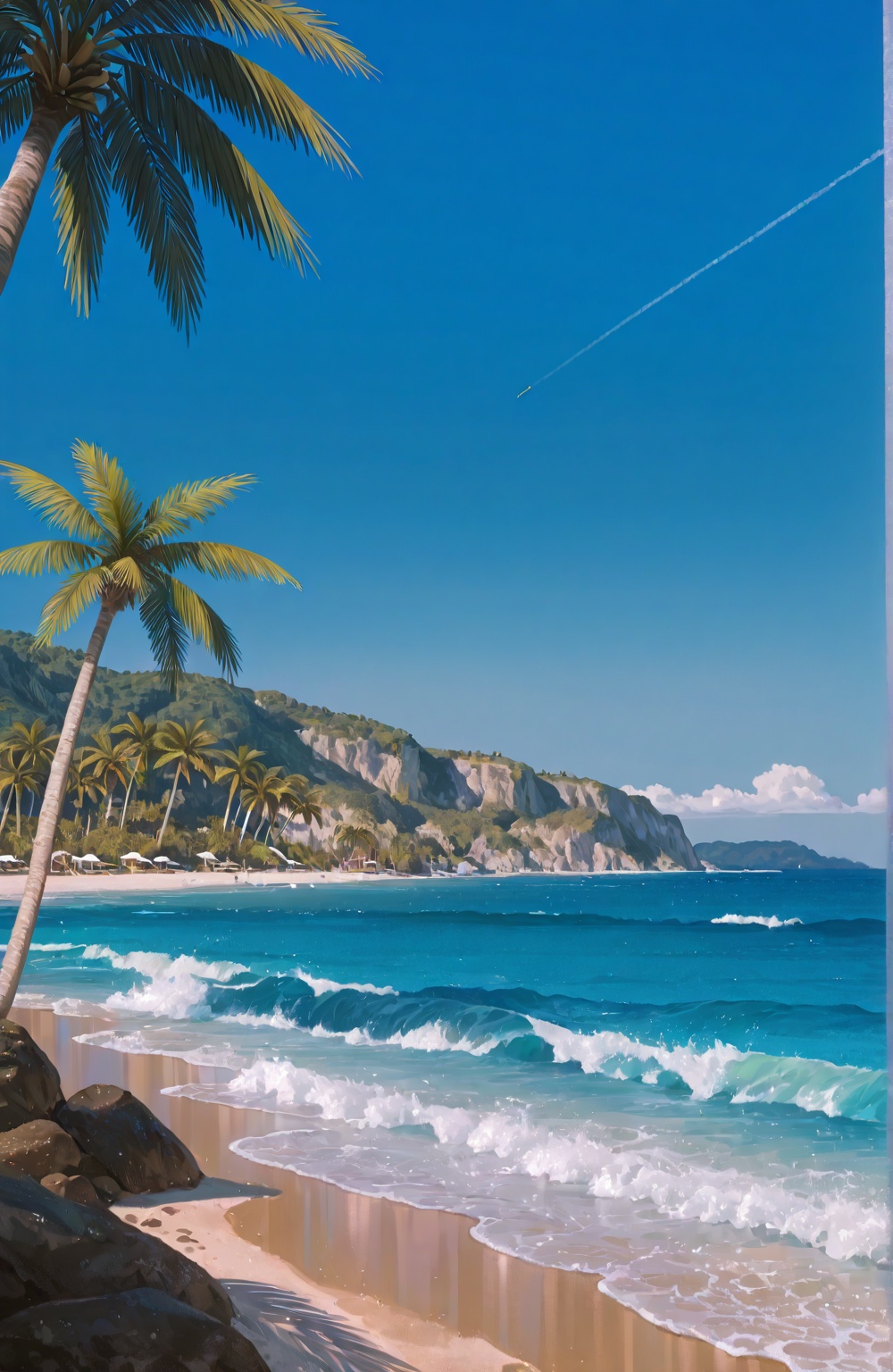A full scenery beachside scene in embroidery style,  featuring flowy palm trees,  waves gently hitting the beach and rocks...