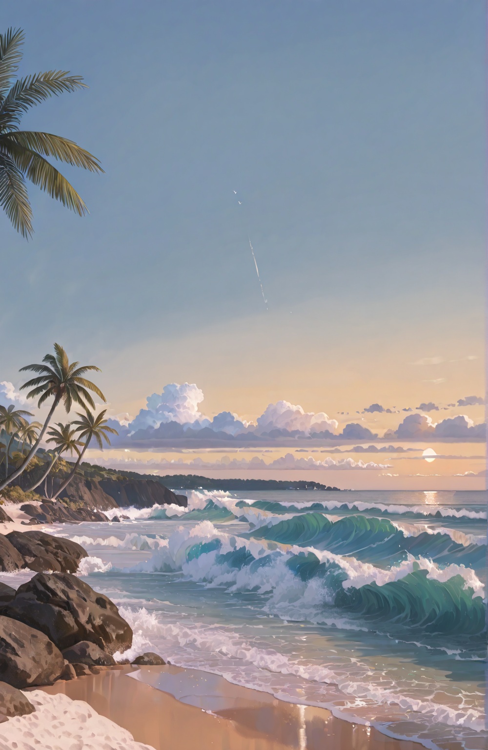 A full scenery beachside scene in embroidery style,  featuring flowy palm trees,  waves gently hitting the beach and rocks...